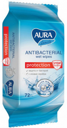 Салфетки влажные AURA FAMILY с антибактер эффектом 72 шт