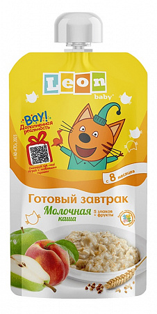 Каша Leon baby ТРИ КОТА молочная 5 злаков+фрукты с 8мес ж/к 115г д/п